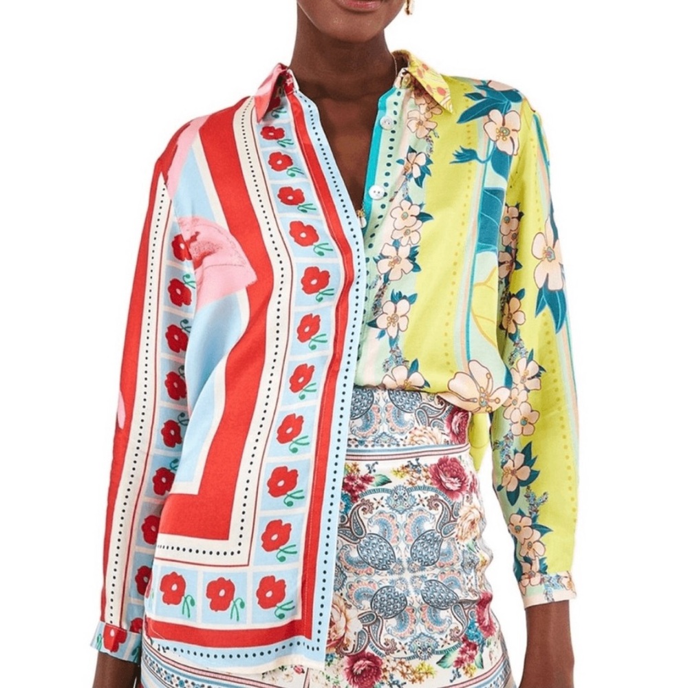 Farm Rio Shelby Floral Scarf Bohemian Patchwork Button Down Shirt - XSMALL